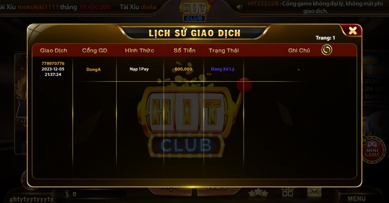 Kiểm tra lịch sử giao dịch sau khi nạp tiền Hit Club 