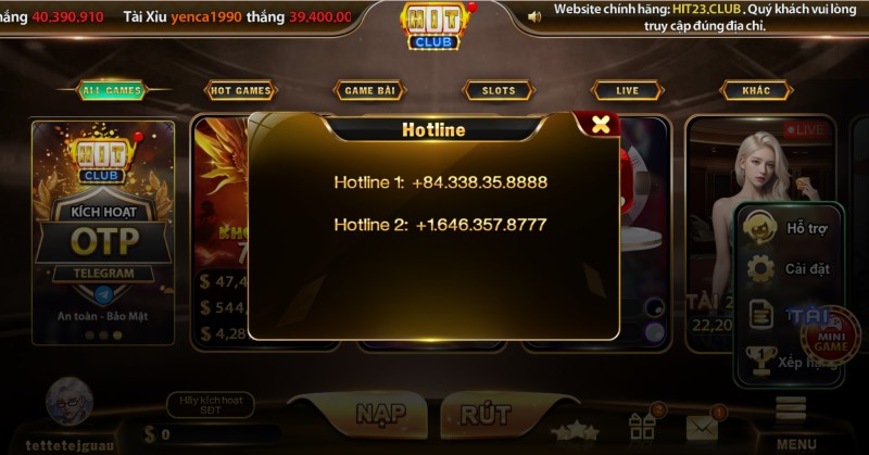 Liên hệ Hit Club qua Hotline