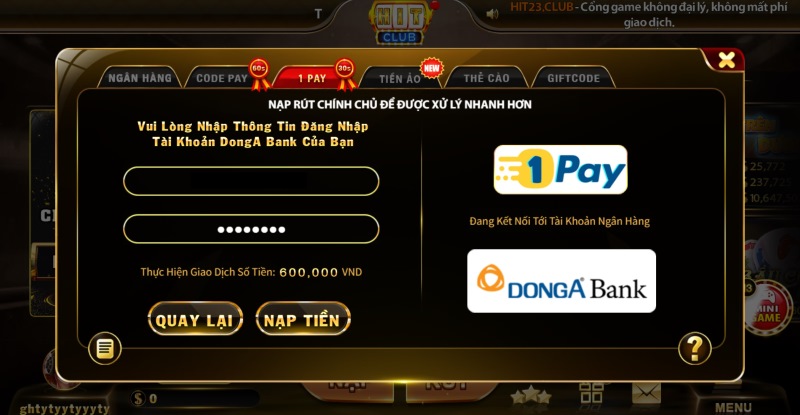 Thao tác nạp tiền Hit Club qua 1 Pay