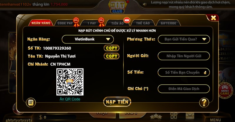 Nạp tiền Hit Club qua ngân hàng