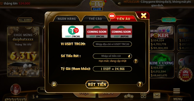 Cách rút tiền Hit Club bằng tiền ảo 